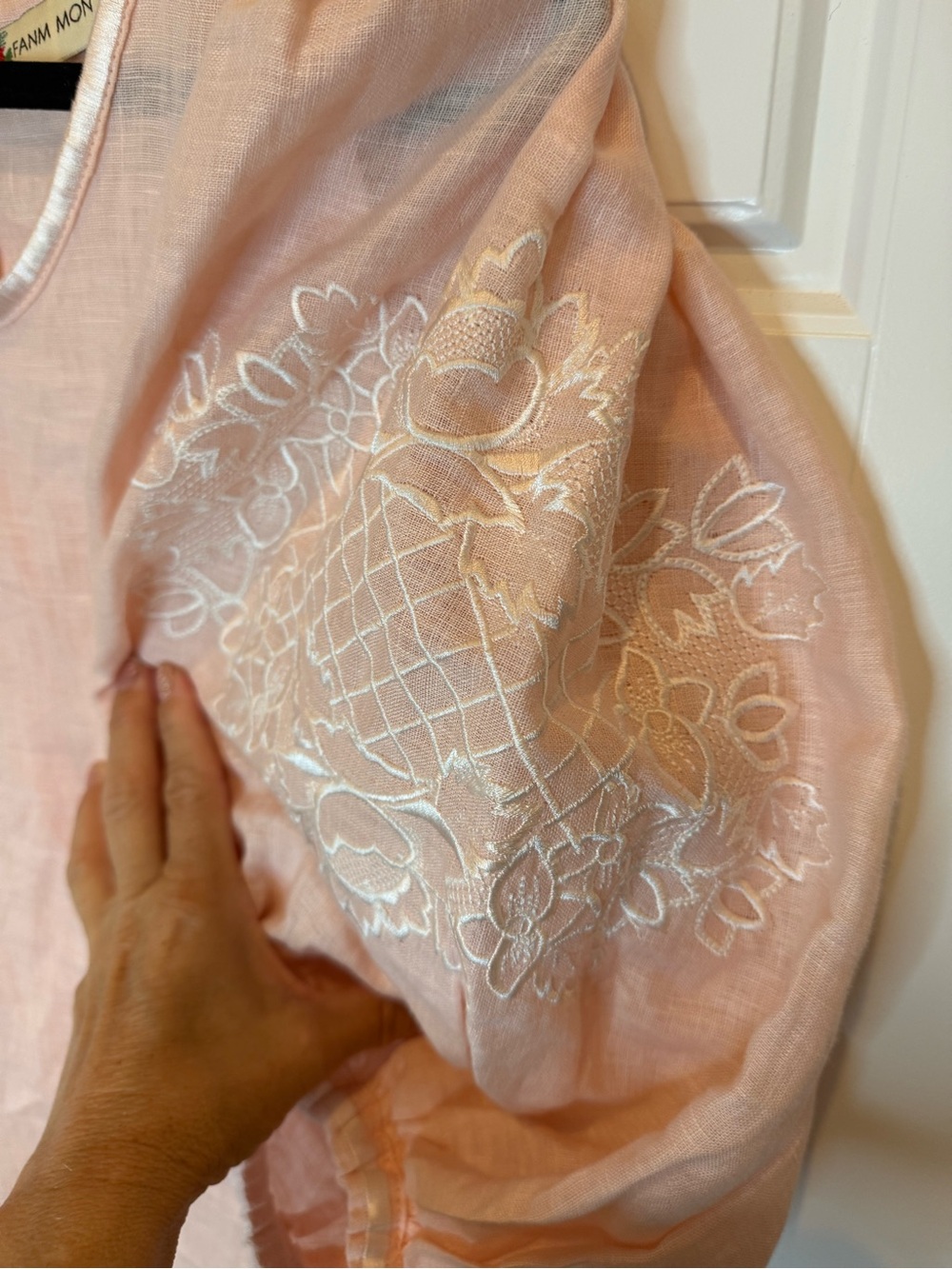 Fanm Mon Mardin Dress Women's Size M Peach 100% Linen Embroidered Puff Sleeve - Picture 6 of 10